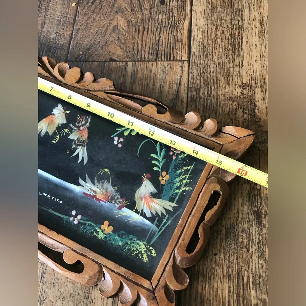 Vtg 1930s Mexican Feather Art Roosters Chickens Folk Art Framed 16x8”